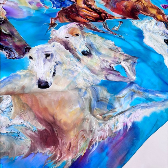 Silk Scarf Hand Made Art To Wear Signed 35 By 69 Inches Horses Dog Victorian - Picture 7 of 14